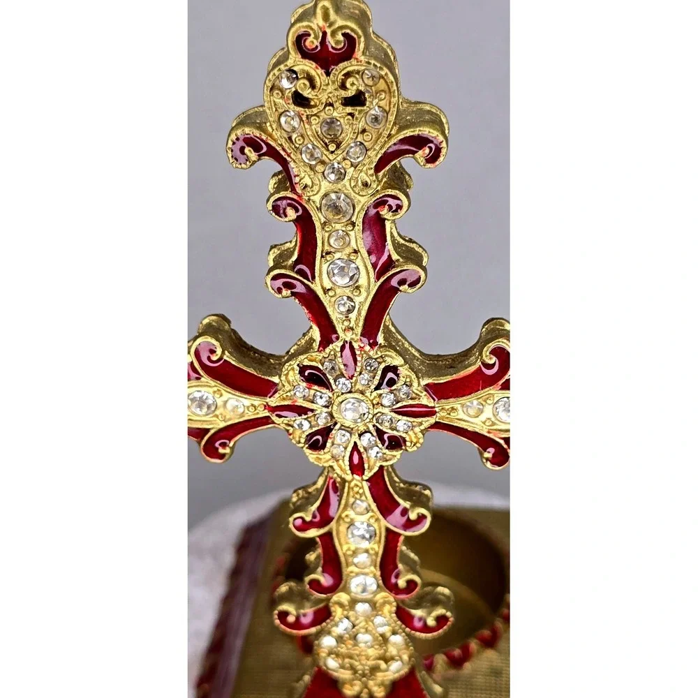 Red And Gold Rhinestone Handcrafted Cross, Tea-light Holder Stunning 5 1/2